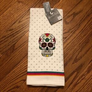Skull Print Halloween Goth White Dots Gray Kitchen Towels Set NWT